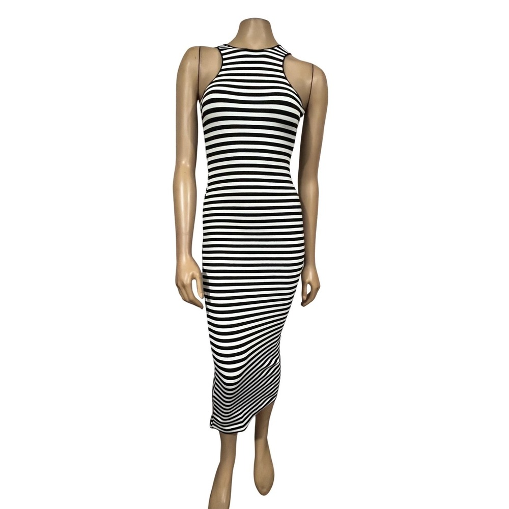 Zara Black White Striped Open Back Cutout Bodycon Midi Dress NWT S